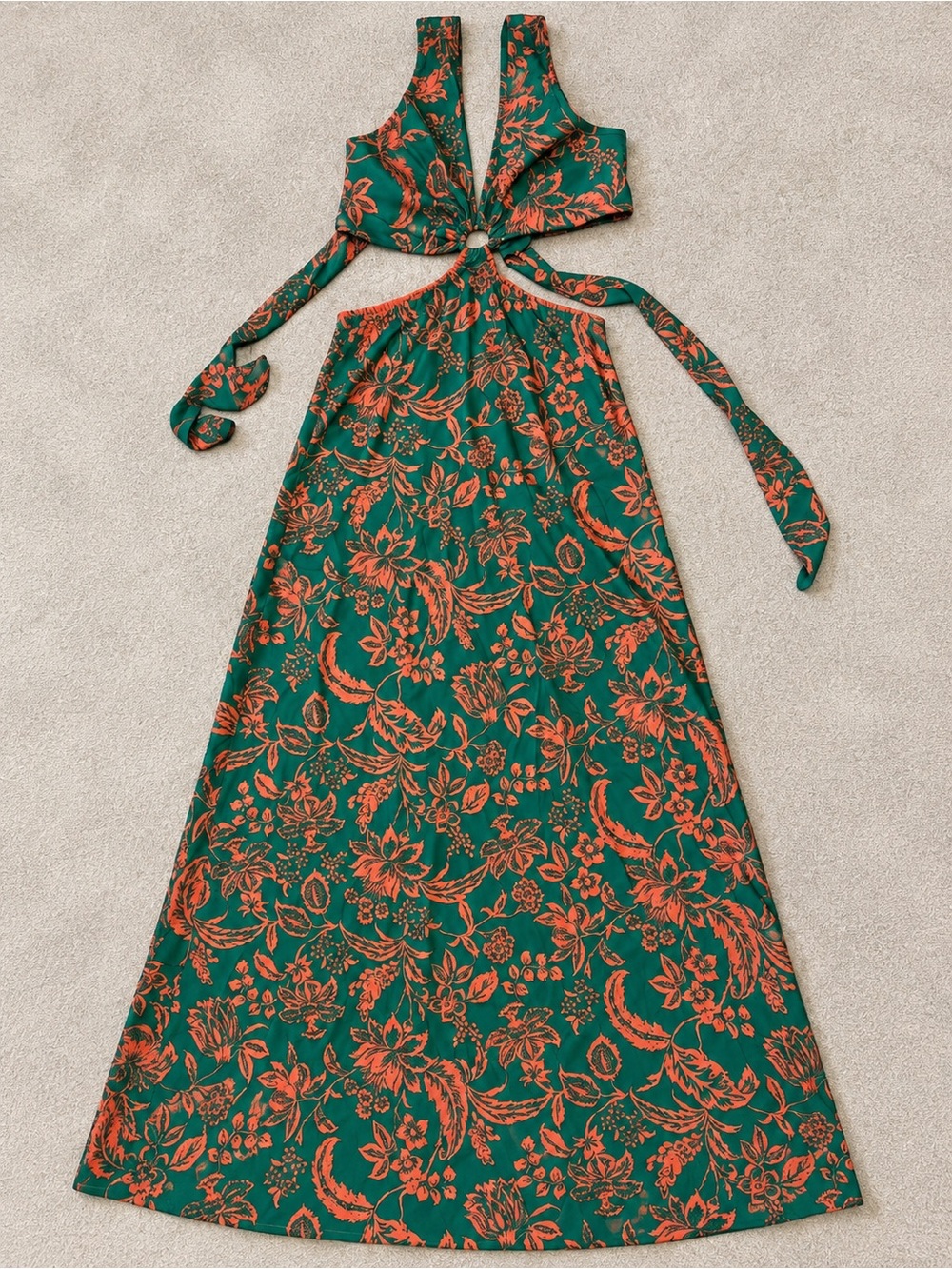 Emerald Green & Coral Floral Cutout Halter Maxi Dress
